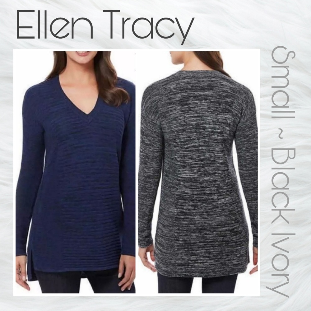 Ellen Tracy V Neck Sweater in Black Ivory